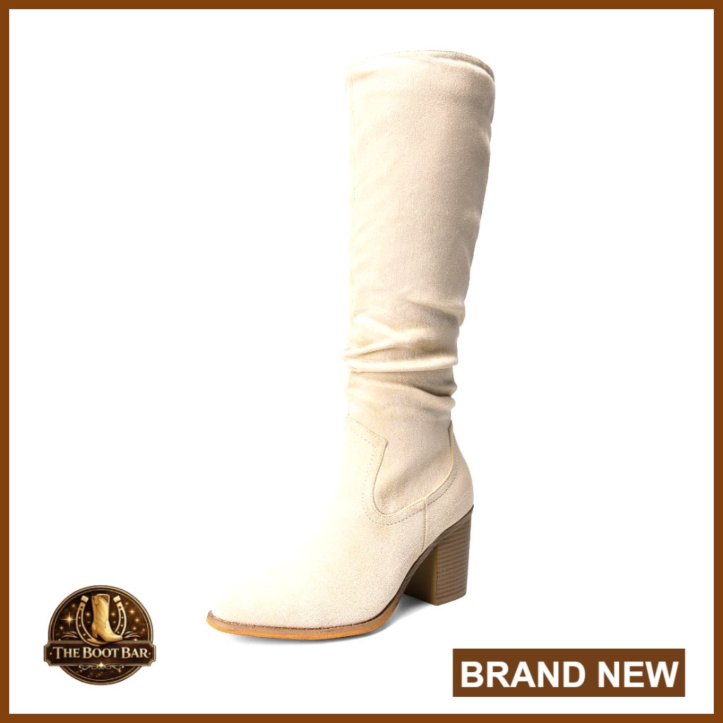 Chunky Heel Knee High Boots Pointed Toe Suede Slouch Riding Boots Side Zipper